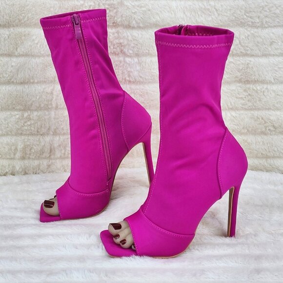 Bold Bright Fuchsia Pink Stretch Square Open Toe High Heel Ankle Boots - Picture 8 of 9
